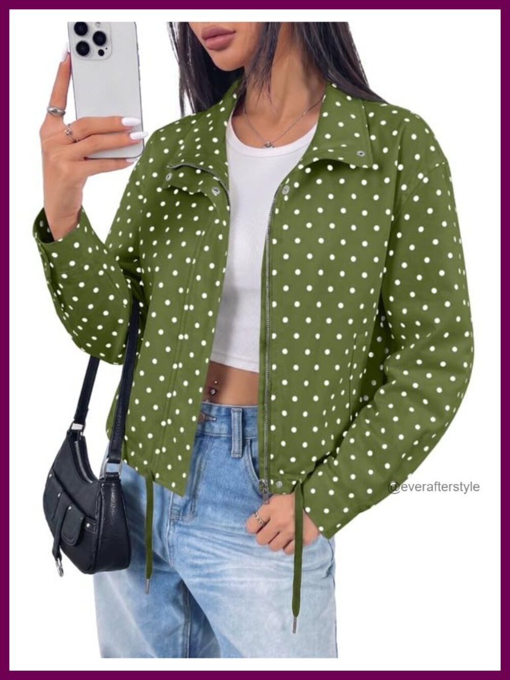 Women's Polka Dot Cropped Jacket Full Zip Funnel Neck with Pockets